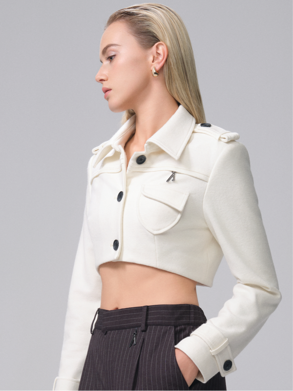 Cropped Wool-Mixed Trench Jacket (Cream)